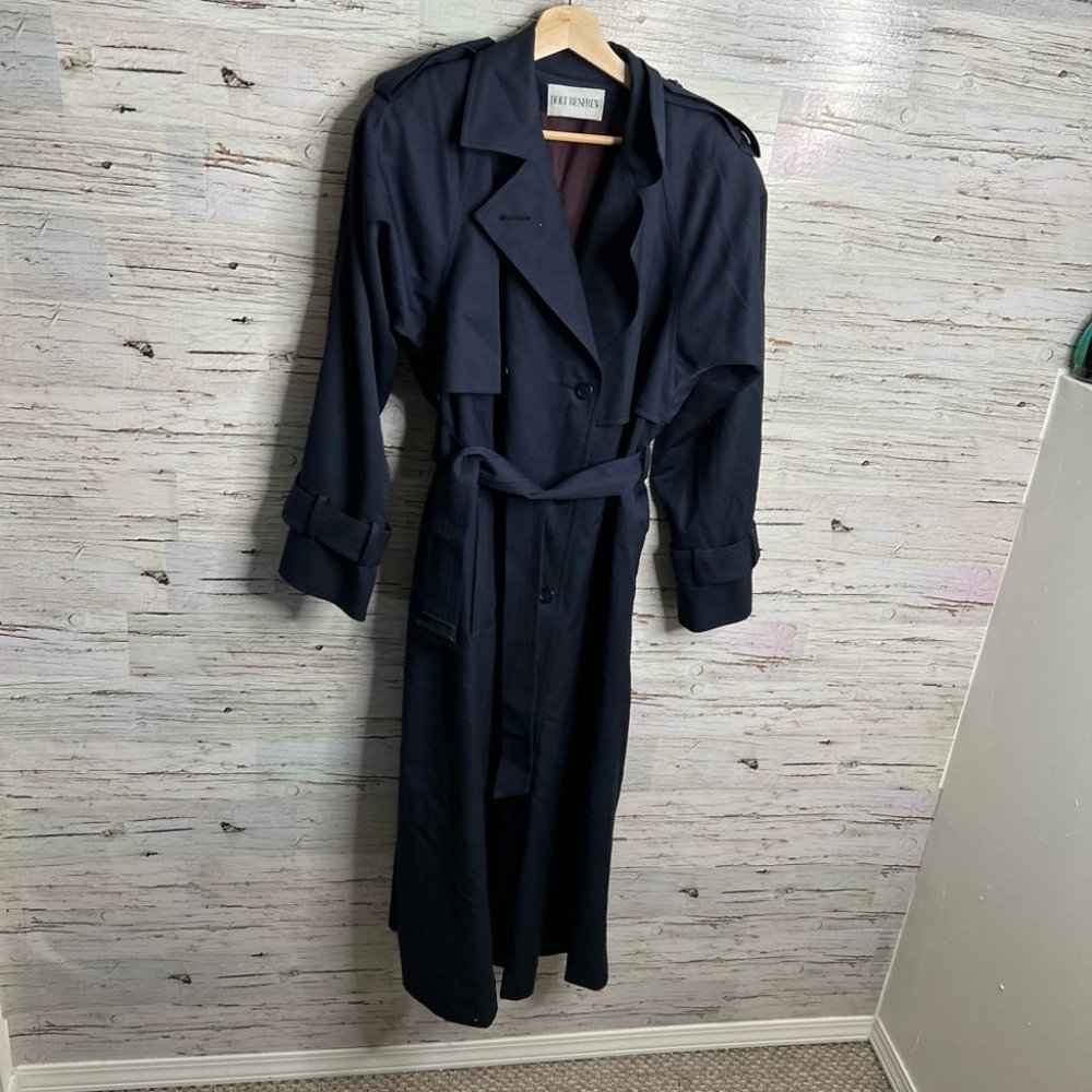 Holt renfrew blue trench coat jacket long size 8.  Wide shoulders.